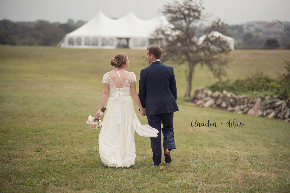 Bride and Groom Stroll to the tent at their Rose Farm Inn Block Island Wedding