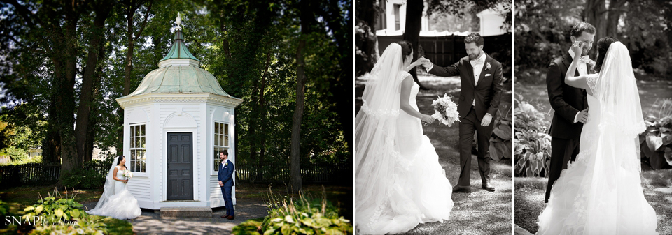 Bride and Groom have a sweet first look at their Linden Place wedding in Bristol RI