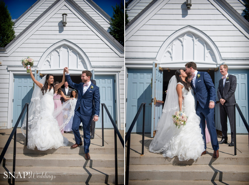 Bride and Groom exit the church at their Linden Place wedding