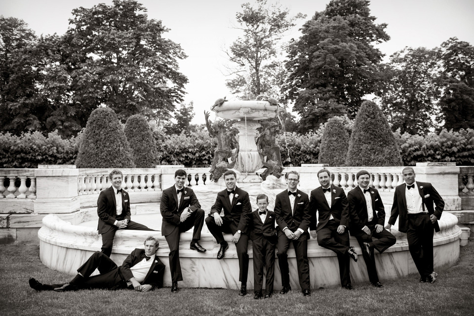 Groomsmen with the fountain at The Elms Mansion